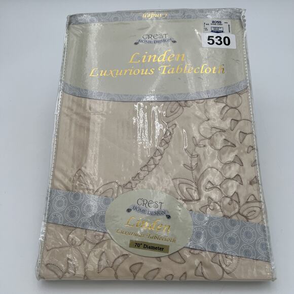 NOS Crest Home Design Chelsea Luxurious TableCloth 70” Diameter Gold Embroidered - Picture 2 of 13